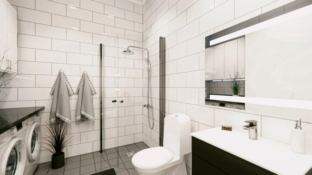 3d-bild som visar hur ett badrum i Ekängen7 kan se ut