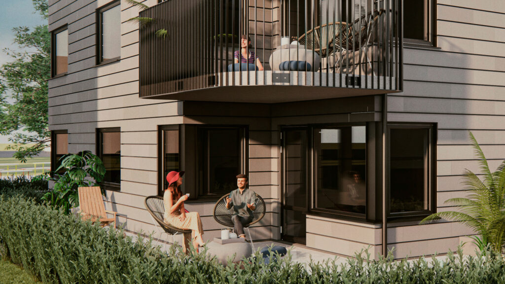 3d-bild som visar Ekängen7 fasad och utemiljö